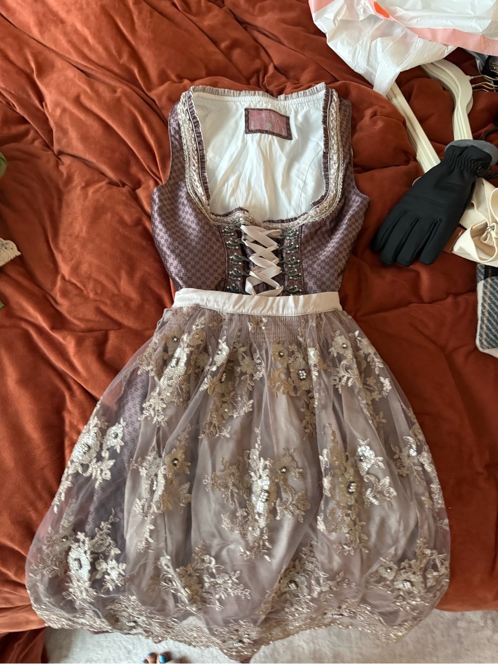 Girls Lace-Up Lavender Dirndl Dress with Gold Embroidery